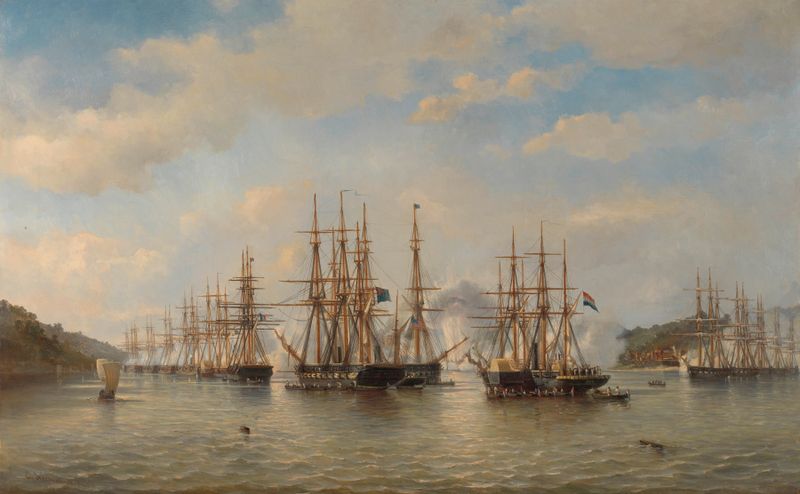 Naval scene with squadrons in ocean, oil painting by Jacob Eduard van Heemskerck van Beest