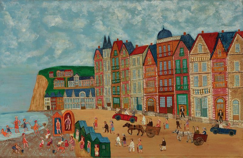 Bord de mer, baigneurs et plage by Louis Vivin, oil painting depicting beach figures.