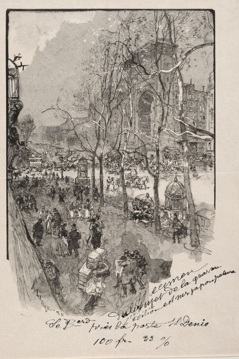 Gravura de Auguste Louis Lepère mostrando figuras em uma rua de Paris.