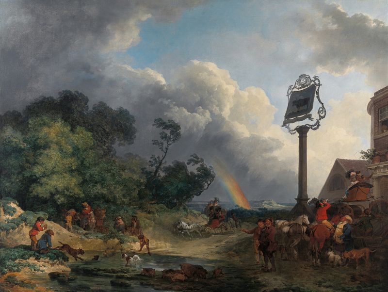 El Arcoíris, óleo sobre lienzo de Philip James de Loutherbourg, con un paisaje vibrante y un arcoíris.