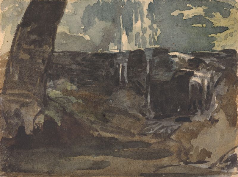 Paisaje rocoso con un gran tronco de árbol en primer plano, pintura al óleo de Thomas Sully