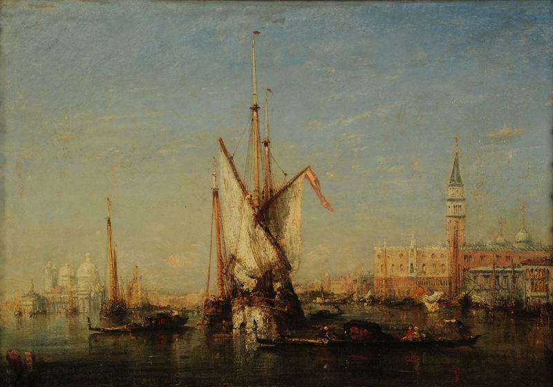 Cena marinha que retrata o crepúsculo em Veneza com San Giorgio, pintura a óleo de Félix Ziem
