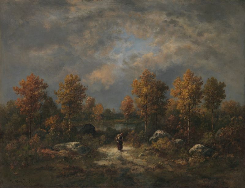 Otoño; El estanque del bosque de Narcisse-Virgile Diaz de La Peña, óleo que representa un estanque sereno y árboles de otoño.
