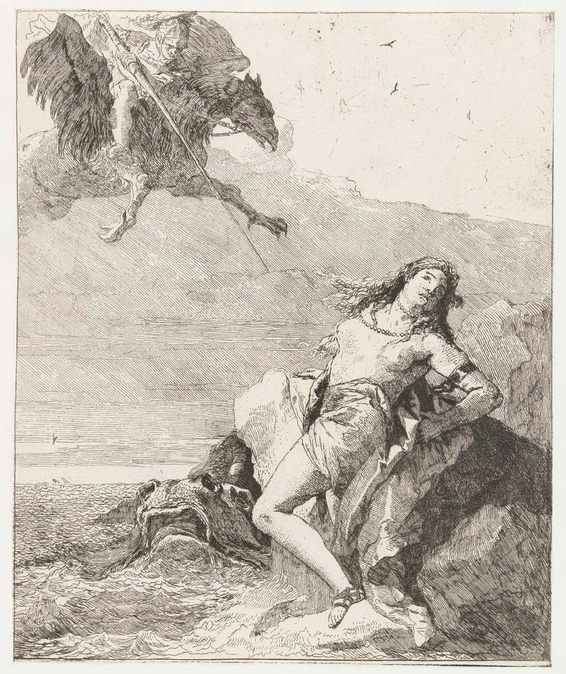Ruggiero on a hippogriff rescues Angelica from a sea monster, etching by Giovanni Domenico Tiepolo