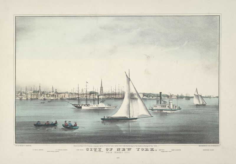 Hudson River landscape with skyline at sunset by Currier & Ives, lithograph