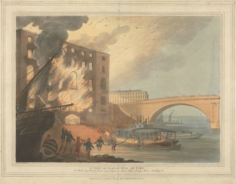 A View of Albion Mill on Fire by John William Edye, depicting flames and ruins in an oil painting.