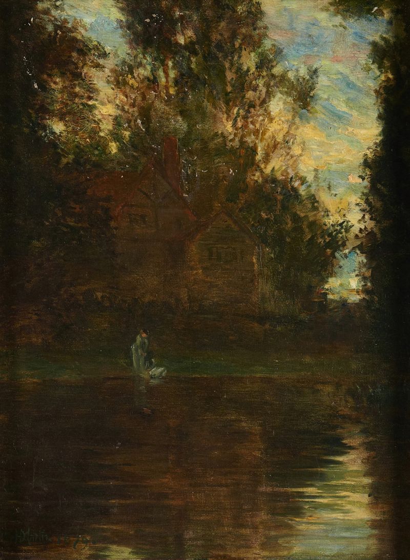River Landscape by Homer Dodge Martin, oil painting depicting a tranquil river scene with reflections.