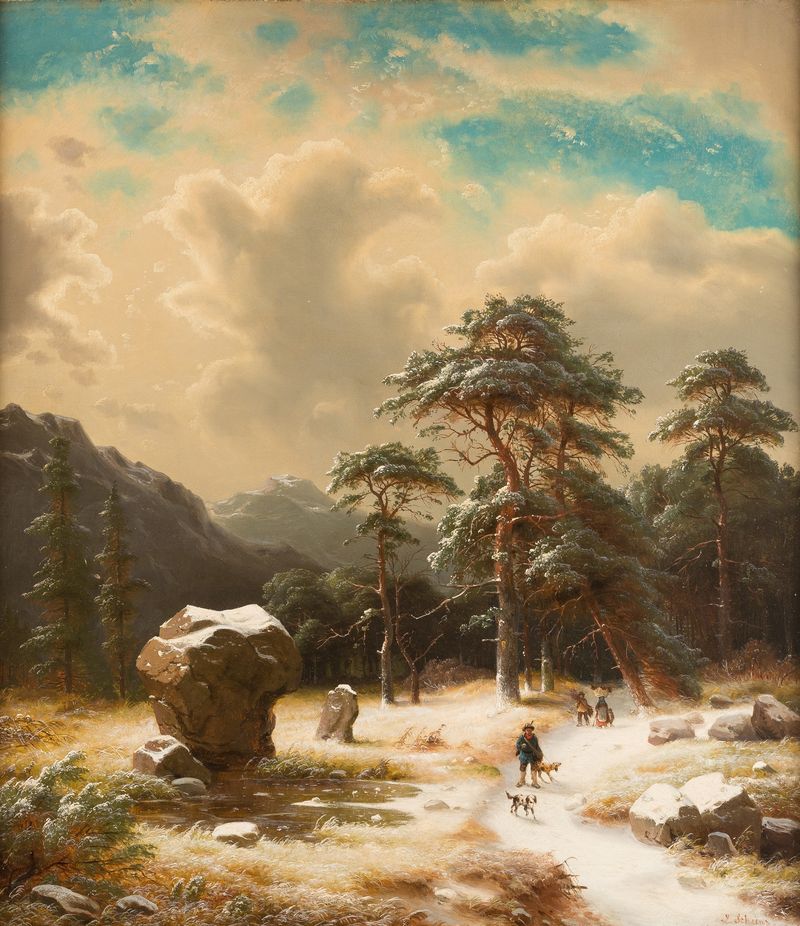 Paisagem invernal óleo de Carl Ludwig Scheins com azuis profundos e brancos suaves.