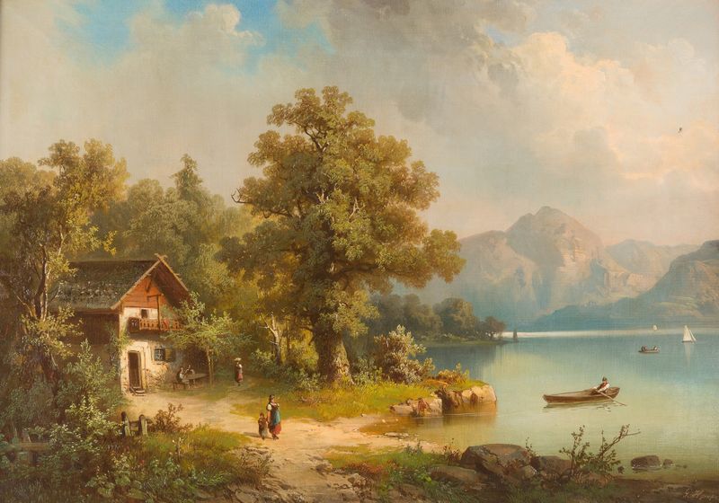 Paisagem do Lago Lucerna por Guido Hampe, pintura a óleo