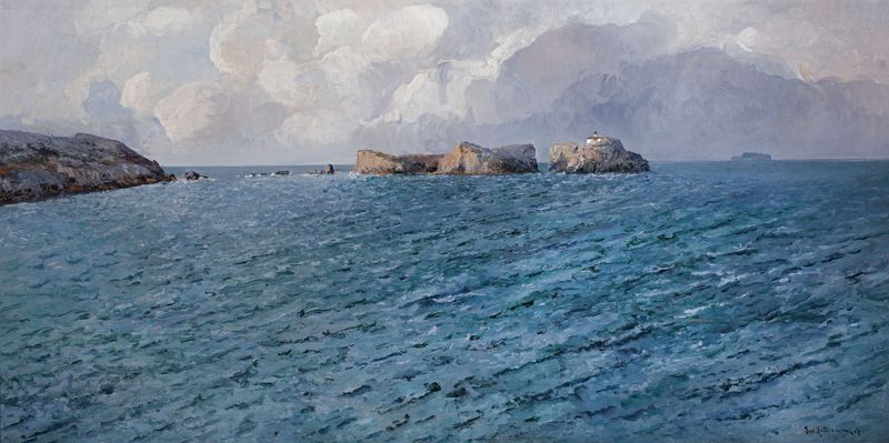 Pintura al óleo Rocky seaside de Leontine von Littrow, que muestra olas y rocas escarpadas.