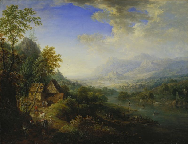 Pintura rococó de Christian Georg Schütz el anciano que representa un paisaje fluvial