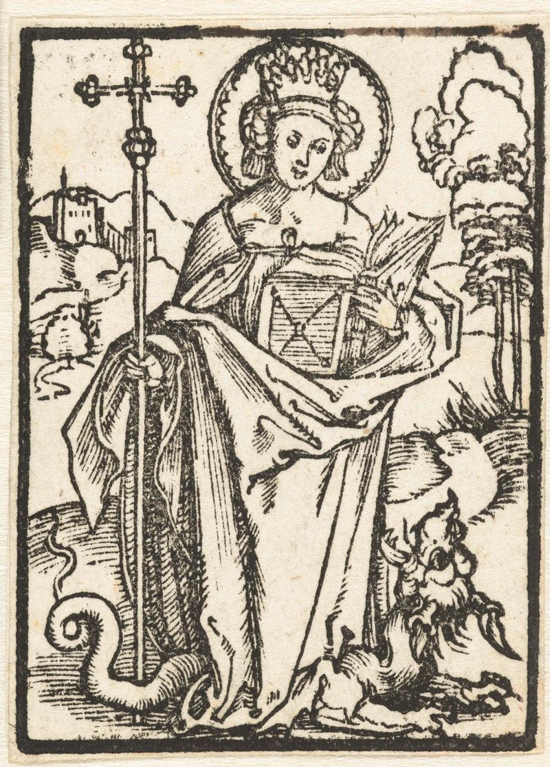Heilige Margaretha de Albrecht Dürer, meio papel, representando uma santa com trajes intrincados e luz.