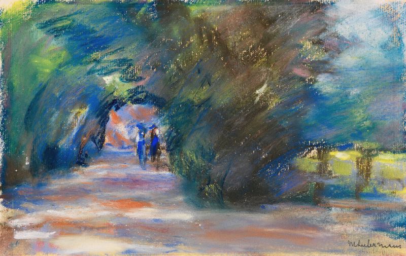 Allee mit zwei Reitern by Max Liebermann, oil on canvas, features two riders under trees with dappled sunlight.