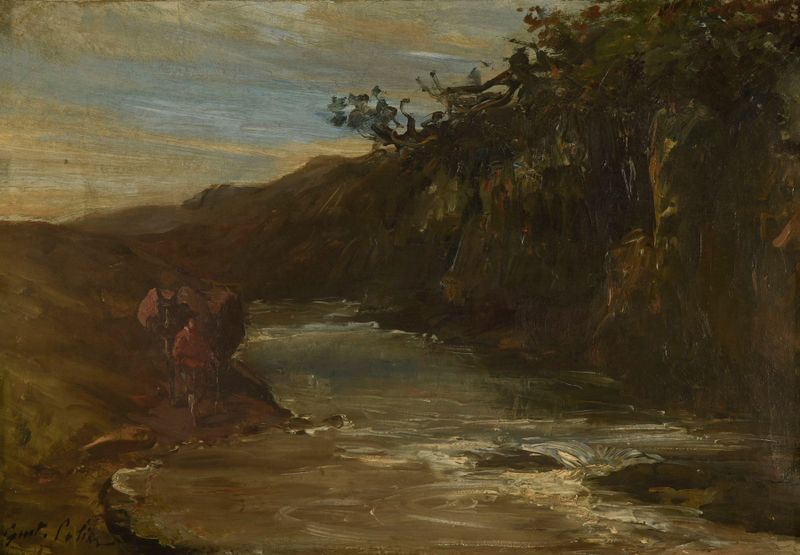 Landscape oil painting by Gustave Henri Colin featuring a river and forest.