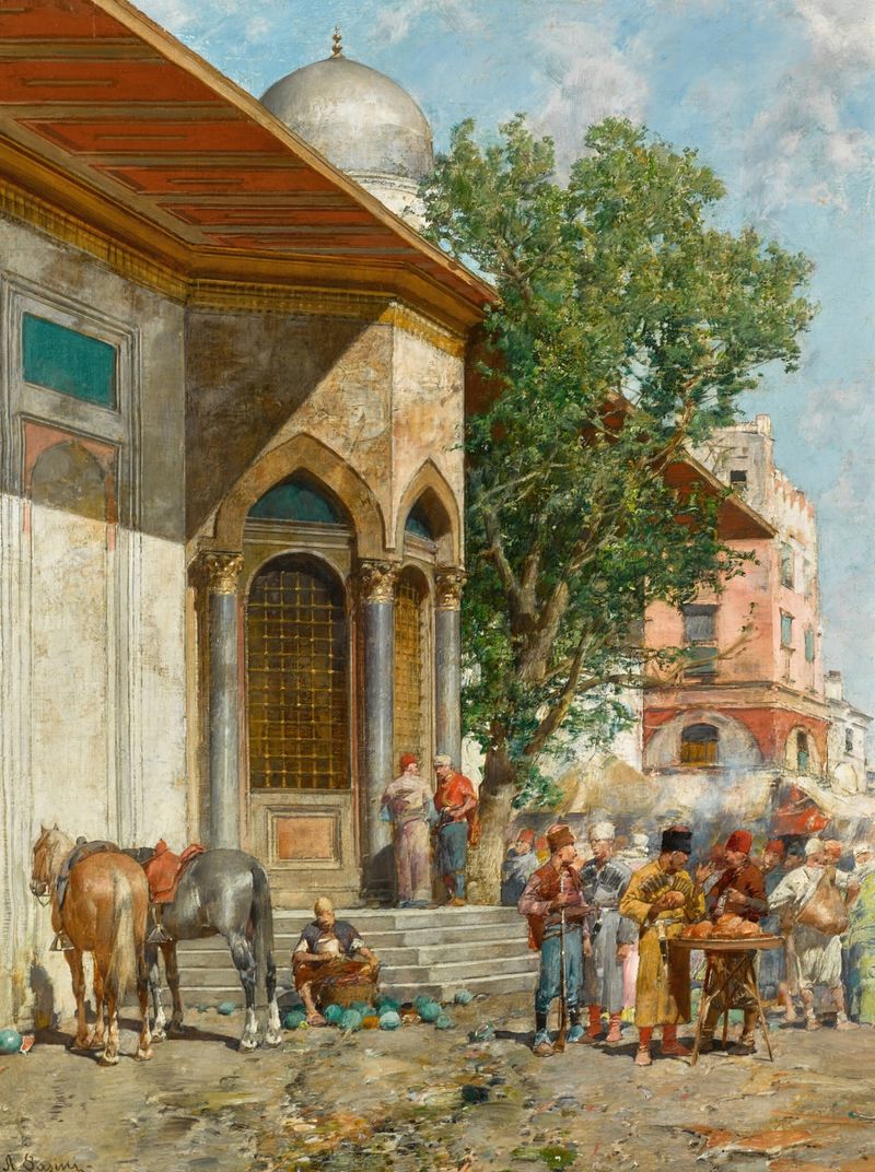 Paisagem com uma fonte, árvores e luz suave, óleo sobre tela de Alberto Pasini