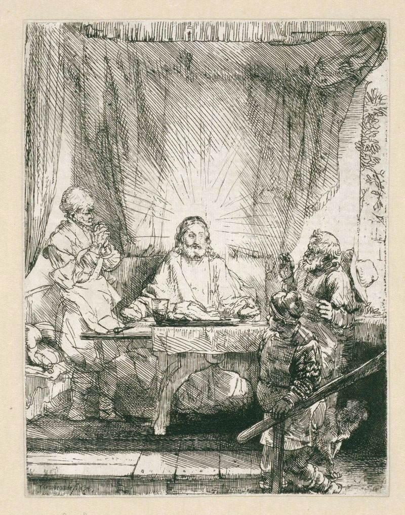 Etching of Christ at Emmaus by Rembrandt van Rijn, depicting Christ surrounded by divine light.