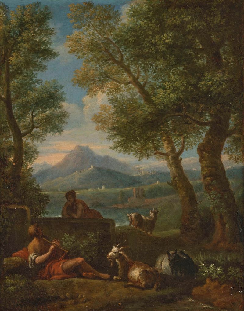 Pastoral landscape oil painting by Jan Frans Van Bloemen featuring rolling hills and lush greenery.