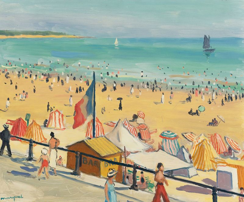 Óleo sobre tela de Albert Marquet retratando uma cena de praia com ondas e banhistas.