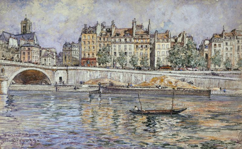 Le quai de l’Hôtel-de-Ville et le pont Louis-Philippe de Frédéric Houbron, retratando uma paisagem fluvial tranquila.