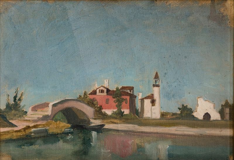 Oriental Landscape de Stanisław Chlebowski, óleo que muestra un paisaje tranquilo con un minarete.