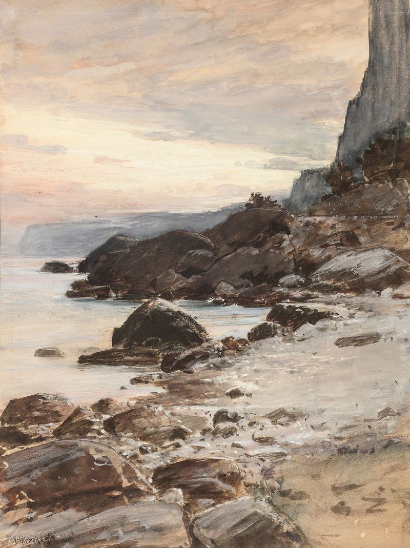 Südliche Küste by Adolf Hirémy-Hirschl, oil on canvas depicting a coastal sunset with luminous colors.