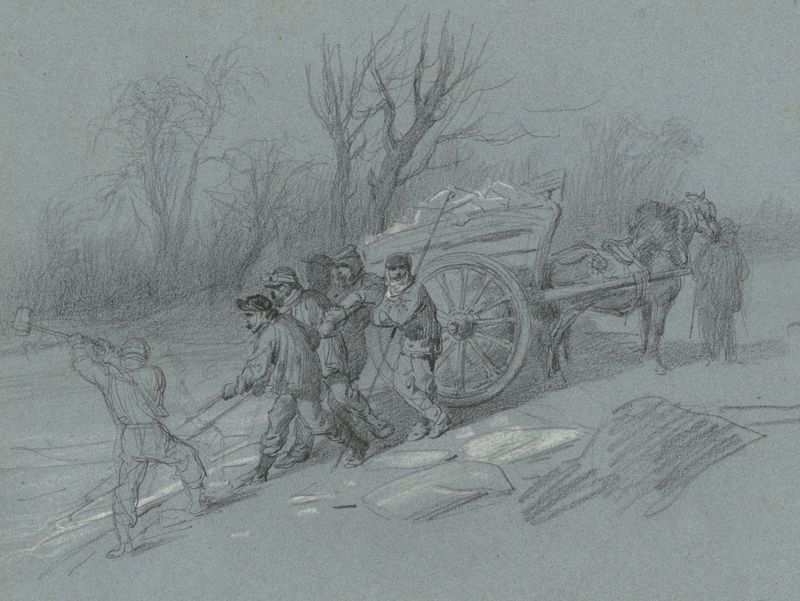 Workmen Gathering Ice at the Water’s Edge de Hippolyte Lalaisse, pintura a óleo que mostra figuras trabalhando no gelo.