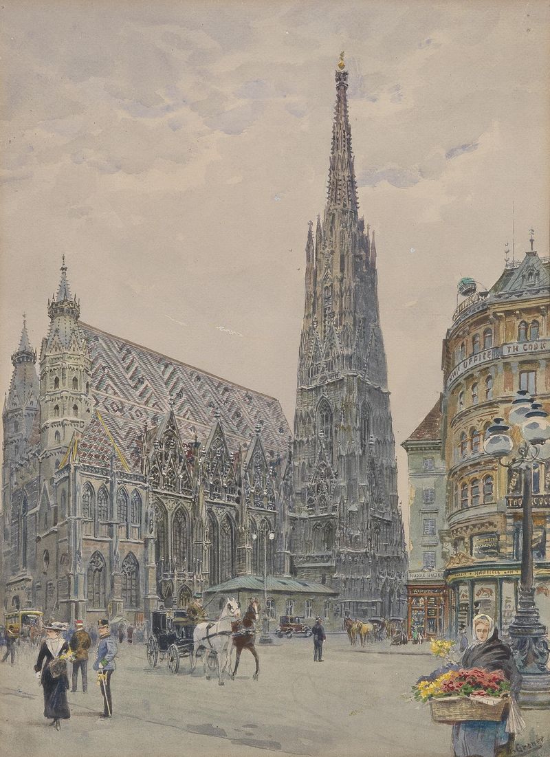 Óleo sobre tela de Ernst Graner representando uma catedral sob um céu luminoso