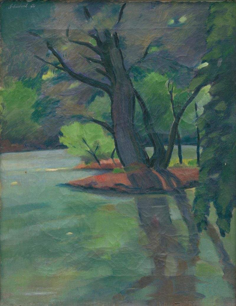 Oil painting by Július Schubert depicting a tranquil river and reflections.
