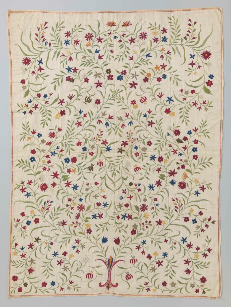 Panel textil colorido con patrones intrincados, medio victoriano, artista desconocido