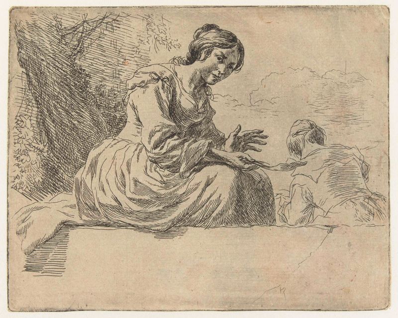 Jonge vrouw zittend op een steen, grabado de Nicolaes Pietersz Berchem