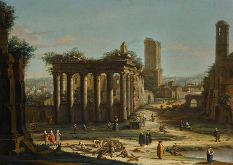 Arquitectura de ruinas antiguas con columnas en luz dorada de Jacopo Fabris