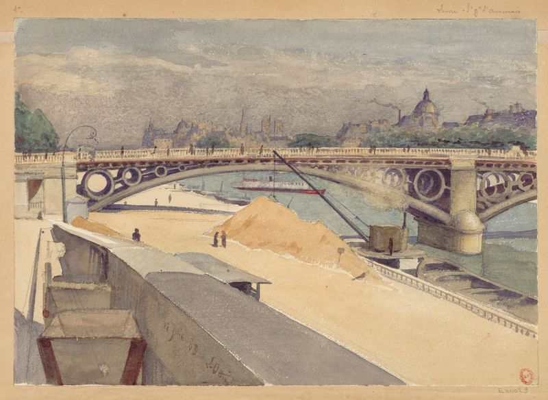 Oil painting by Léon-Auguste Ottin depicting the Seine at dawn with reflections and architecture.