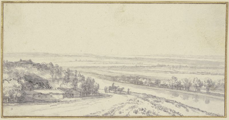 Landschaft mit einem Fluß, oil painting by Antonie Waterloo depicting a river and buildings under trees.