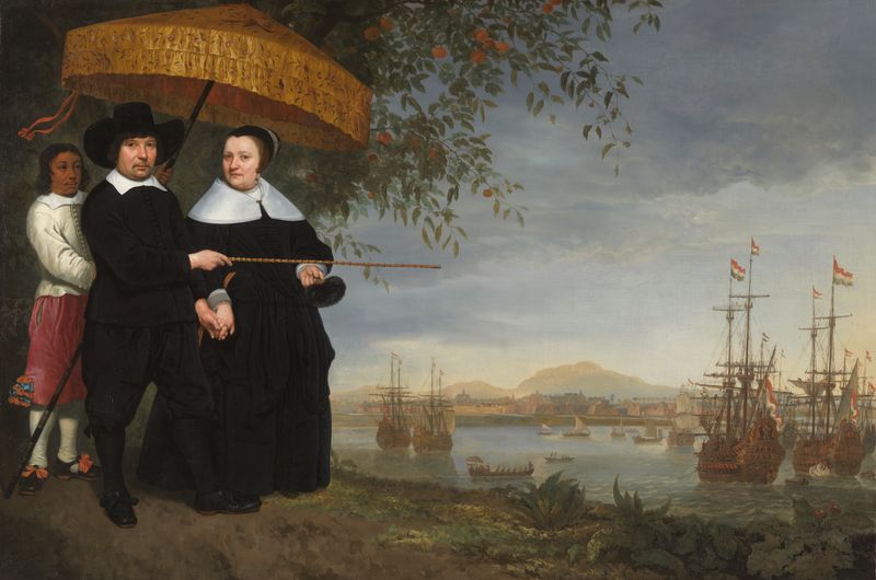 VOC Senior Merchant with his Wife and an Enslaved Servant, óleo sobre tela de Aelbert Cuyp