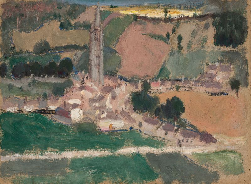Vista de uma pequena cidade com uma torre de igreja, óleo sobre tela de Tadeusz Makowski