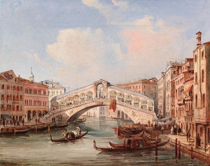 Ponte Rialto sobre um canal em Veneza, pintura a óleo de Carlo Grubacs