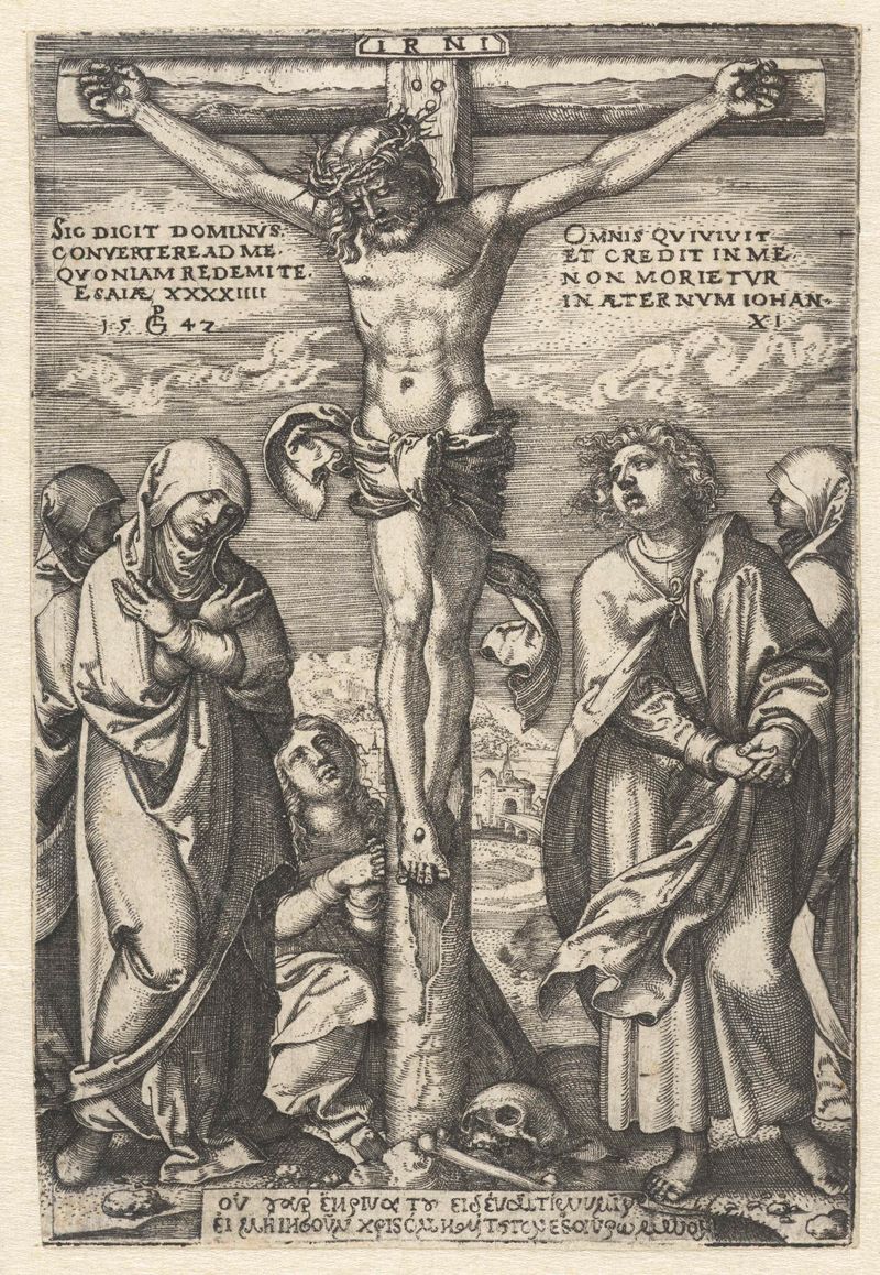 Grabado de Georg Pencz que representa a Cristo en la cruz con María y Juan.