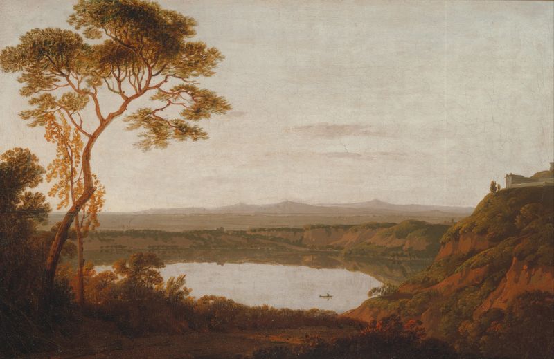 Lake Albano oil painting by Joseph Wright of Derby depicting tranquil waters and a serene sky.