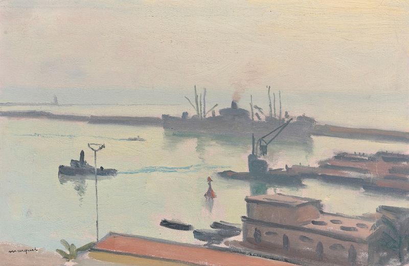 Brume rose sur Alger, óleo sobre lienzo de Albert Marquet, que representa un paisaje urbano brumoso en suaves tonos de rosa.