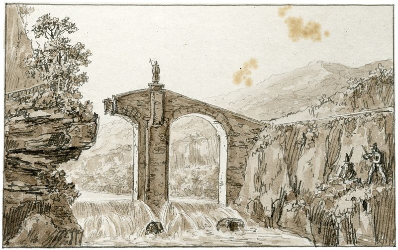 Pintura al óleo paisajística de Otto Howen con un puente de madera y vasta naturaleza.