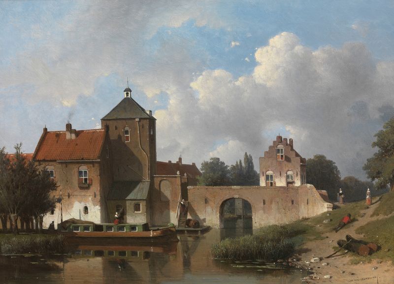 The IJsselpoort at IJsselstein, oil on canvas by Jan Weissenbruch, featuring a river and a stone gate.