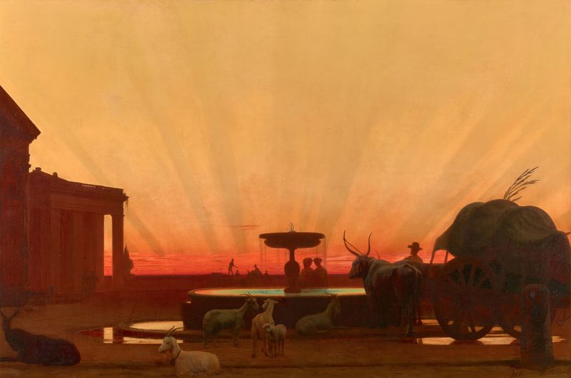 Sunset by William Rimmer, oil on canvas depicting a vibrant landscape at dusk
