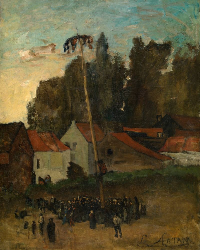 Climbing the Pole by Louis Artan, symbolism artwork depicting ascent and struggle, unknown medium.