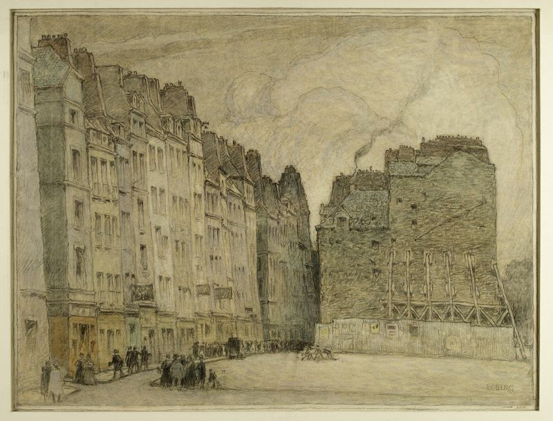 Ruínas de casas em La rue Miron après la démolition des maisons de l’ancien Paris de Ferdinand Boberg, pintura a óleo.
