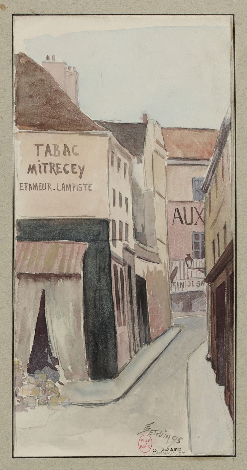 Rue de l’Arbalète by F. Séguin, oil on canvas depicting a street scene with cobblestones.