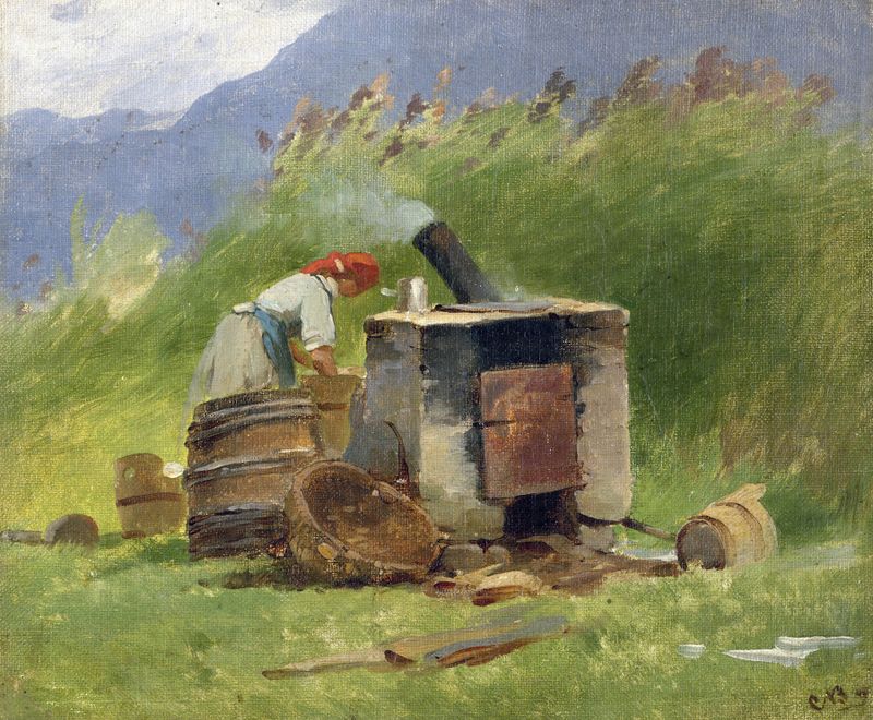 Escena de género que representa un lavabo de Carl Bolze, pintura al óleo