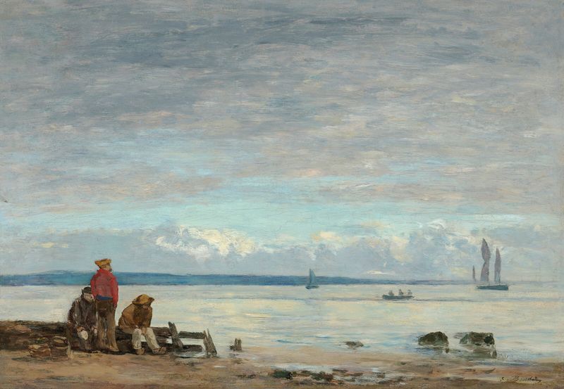 Cena marinha com pescadores na praia, pintura a óleo de Eugène Boudin