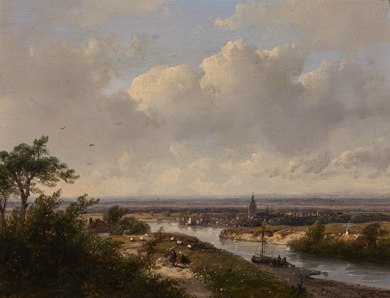 Landscape with a river and village, oil painting by Andreas Schelfhout