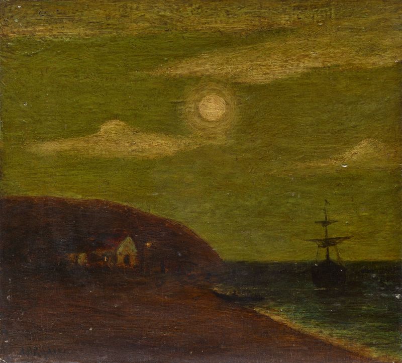 Seascape by Albert Pinkham Ryder, oil on canvas depicting turbulent waves and a sunset