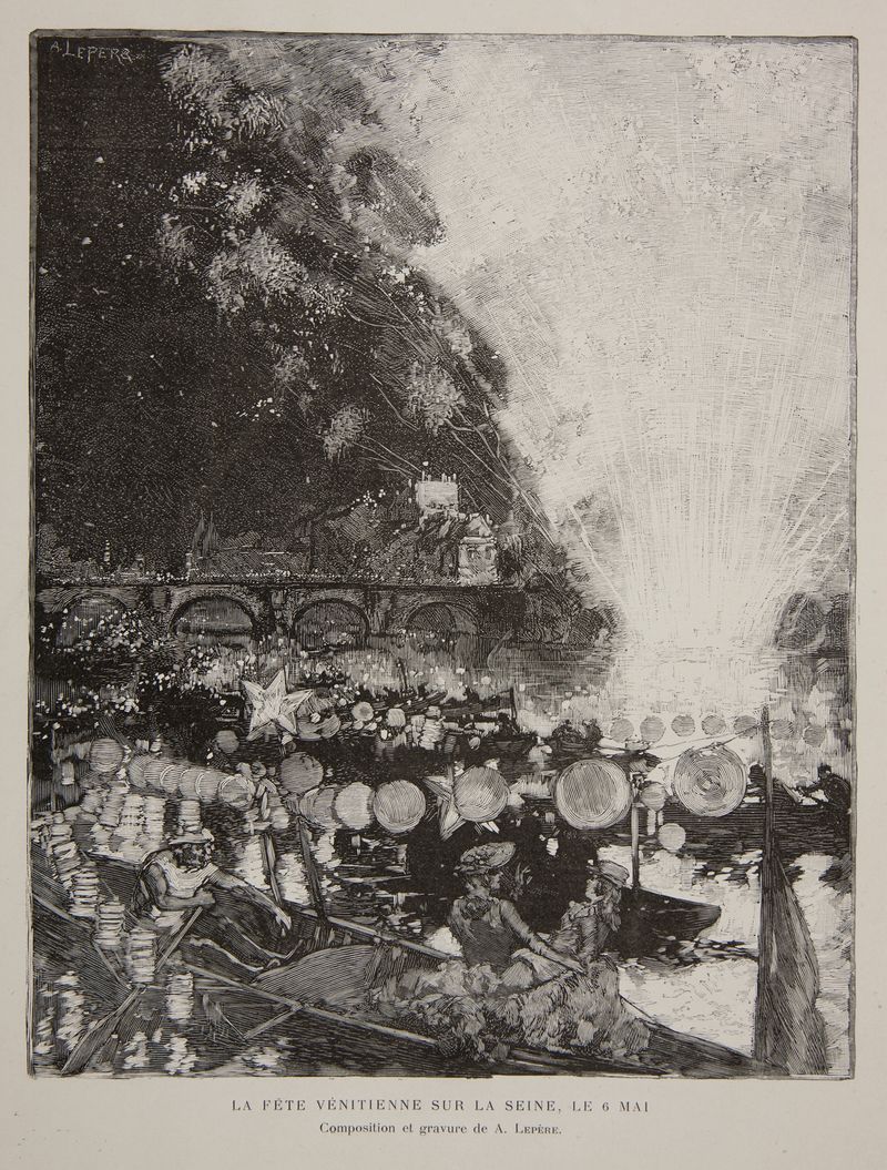 Escena de género que representa festividades en el Sena de Auguste Louis Lepère, pintura al óleo.